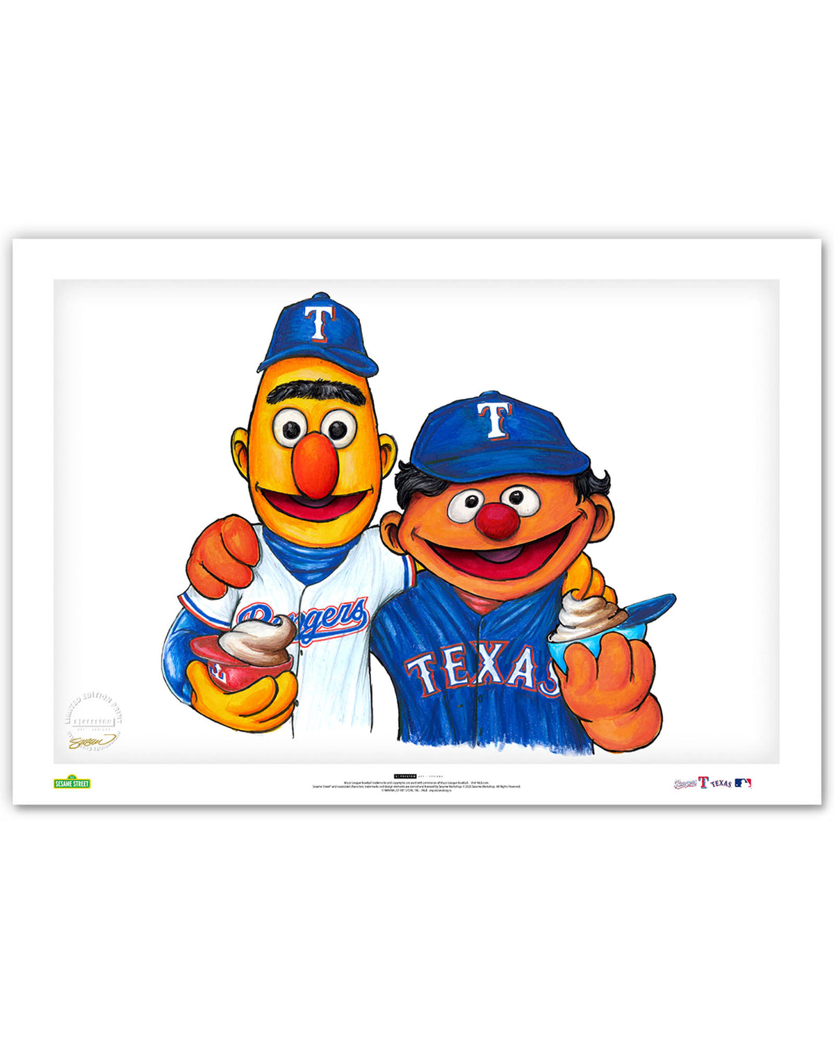 Bert and Ernie x MLB Rangers Limited Edition Art Print