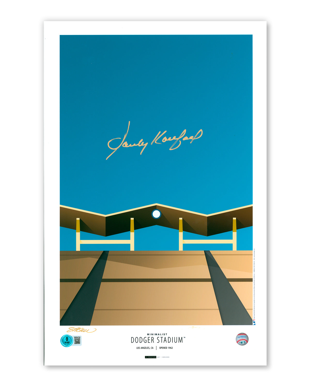 Minimalist Dodger Stadium Poster Print - Sandy Koufax Autographed - Authenticated