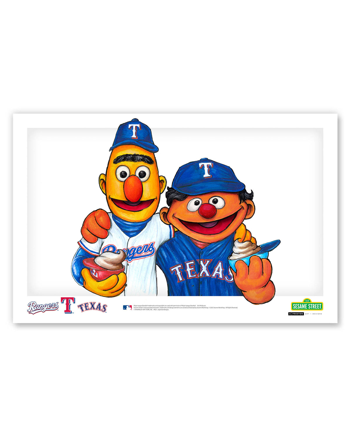 Bert and Ernie x MLB Rangers Limited Edition Fine Art Print