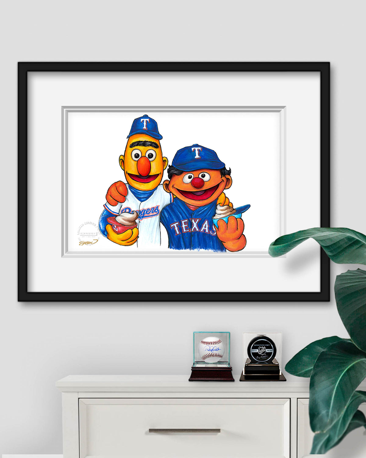 Bert and Ernie x MLB Rangers Limited Edition Fine Art Print