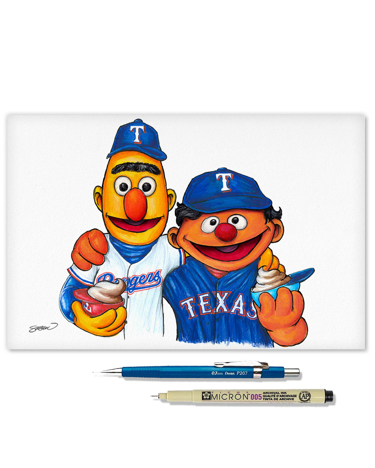 Bert and Ernie x MLB Rangers Limited Edition Fine Art Print