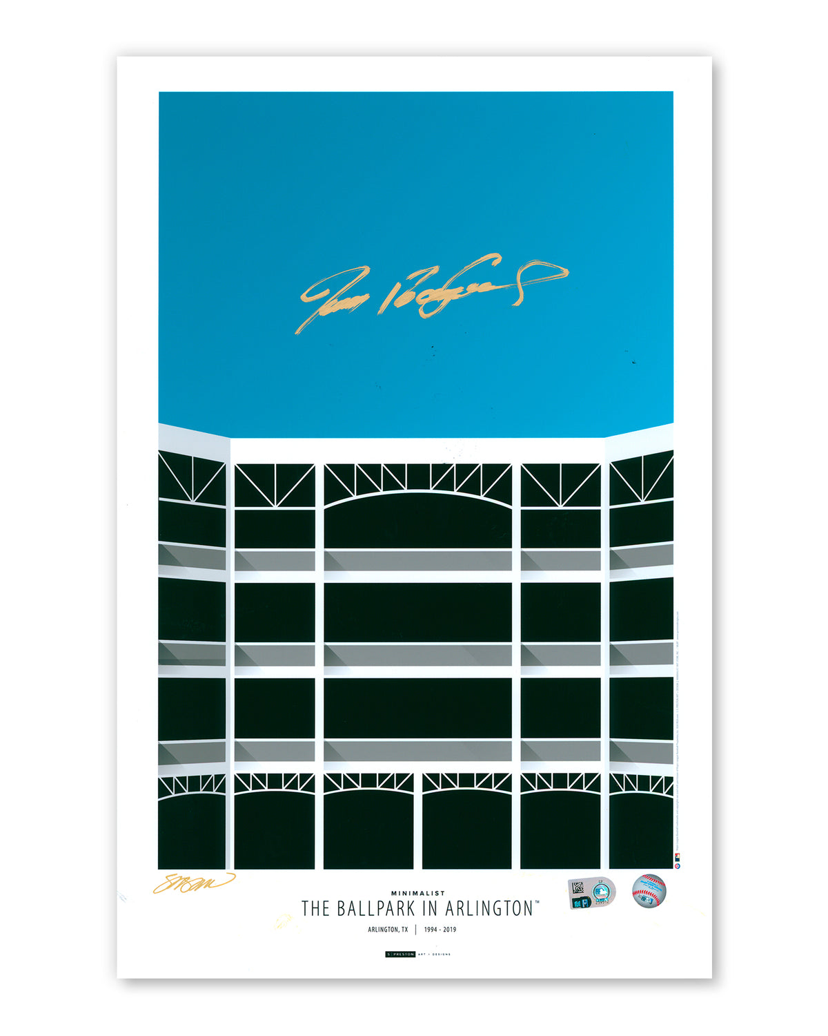Minimalist Ballpark in Arlington - Ivan Rodriquez Autographed - Poster Print - Authenticated