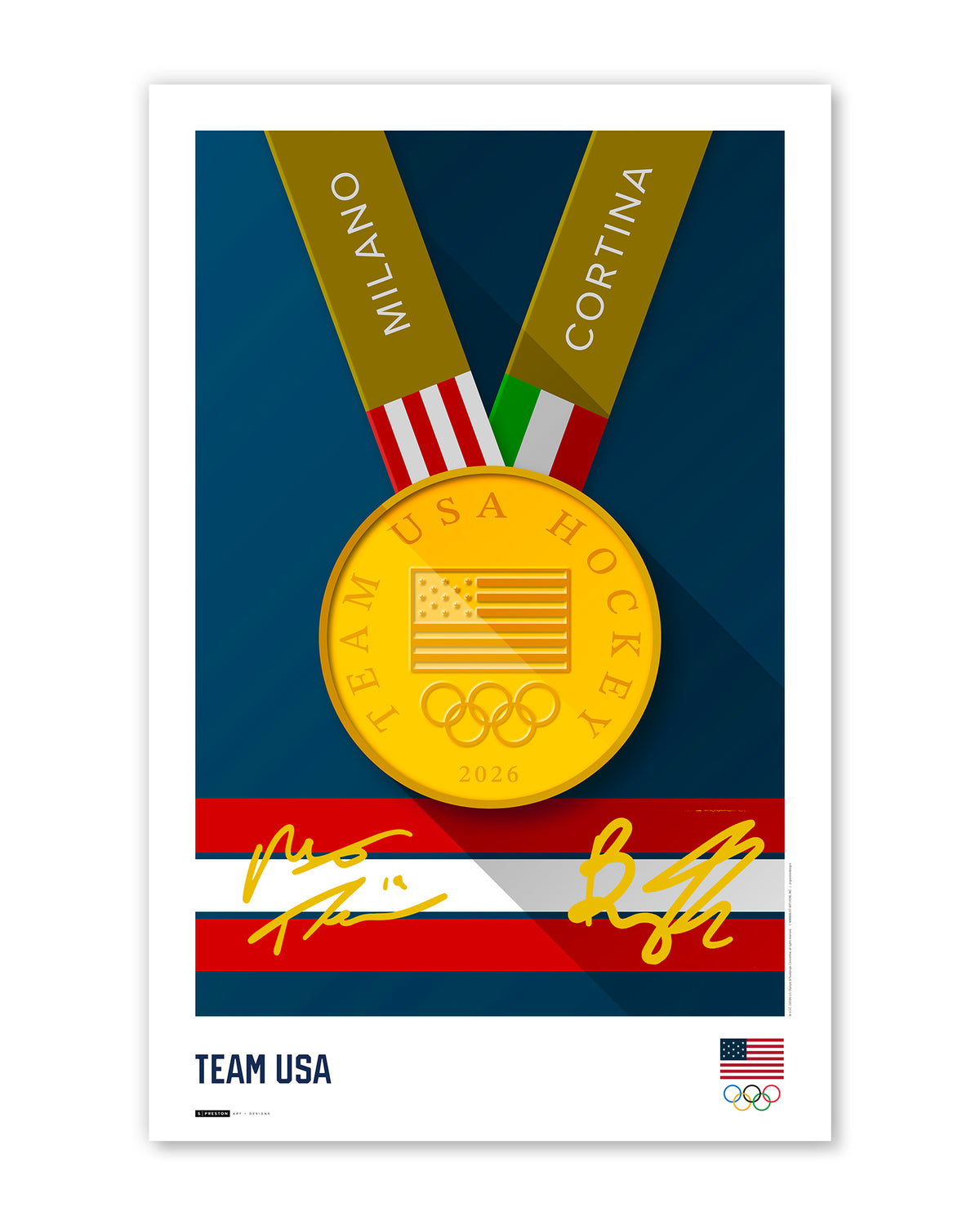 Minimalist Team USA 2026 Hockey Gold Medal Autographed Print