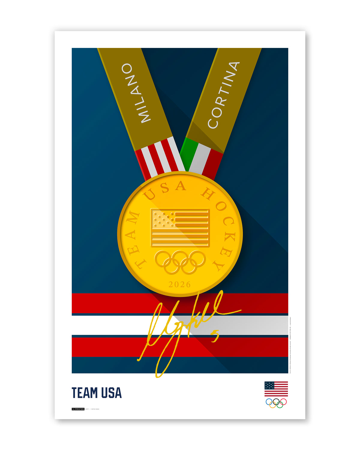 Minimalist Team USA 2026 Hockey Gold Medal Autographed Print