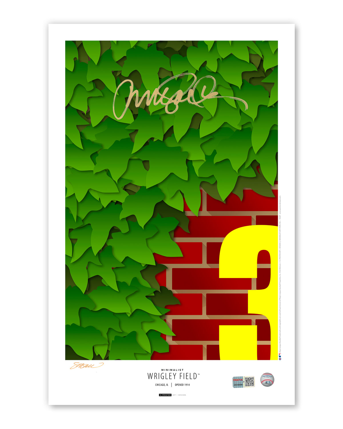 Minimalist Wrigley Field Poster Print - Ryne Sandberg Signed - Authenticated